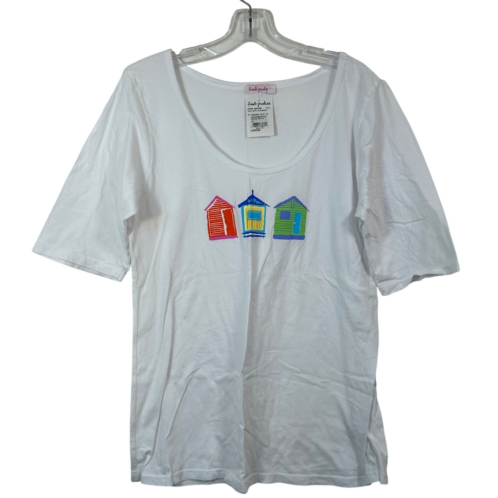 Fresh Produce Hazy Days 1/2 Sleeve T Shirt White Beach Cabana Graphic Large NEW